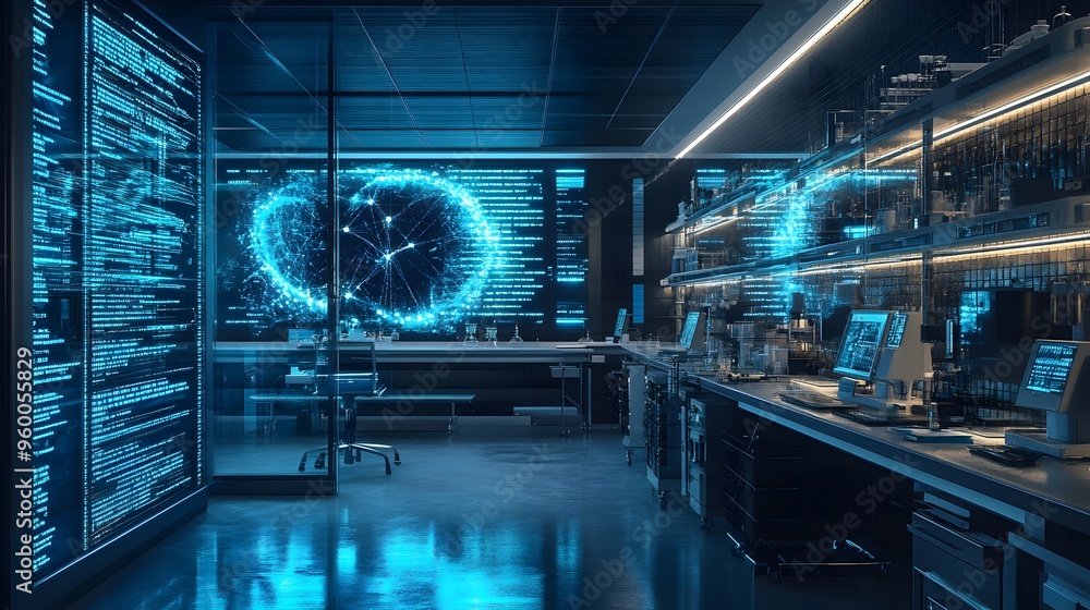 Poster futuristic biotechnology lab with transparent digital screens and advanced technologies