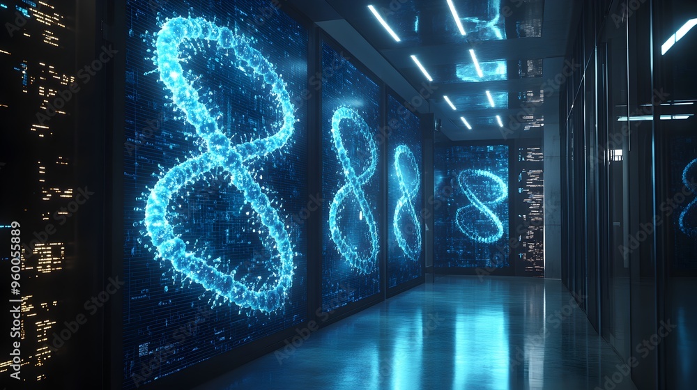 Poster futuristic digital visualization of glowing dna structures on display screen