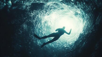 A man is swimming in a dark cave with a blue sky above him