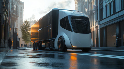 Futuristic delivery truck on a city street during sunrise, showcasing modern design and advanced technology.