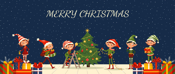 Winter holidays banner with elves and presents Vector templates with Santa Claus little helpers fun characters Cute kids design for print, party invitation, flyer, banner. Merry Christmas 2025 cover