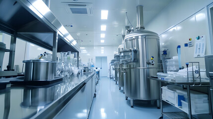 A clean and sterile industrial facility featuring advanced stainless steel equipment and machinery, emphasizing modern technology, precision, and a high-tech manufacturing environment.