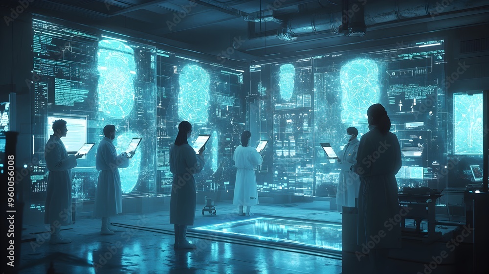 Aufkleber futuristic team of scientists analyzing genetic data on advanced digital displays