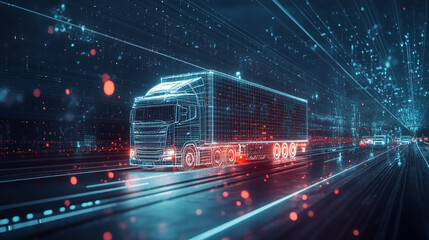 Futuristic digital truck driving through a neon-lit highway, representing advanced technology and logistics.