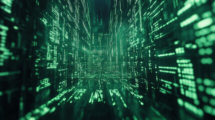 Obraz premium Futuristic digital landscape showcasing green matrix code and abstract data flow, ideal for technology and science fiction themes.