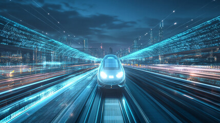 Futuristic train traveling at high speed through a digital cityscape, showcasing advanced technology and innovative transportation.