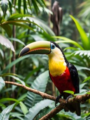 Obraz premium Colorful toucan in a lush jungle background