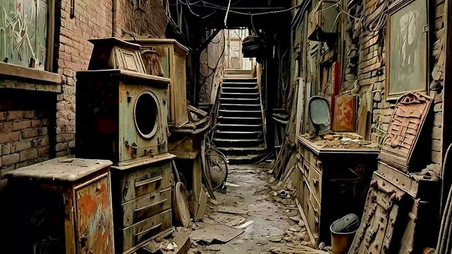 a narrow alley with a staircase in the middle