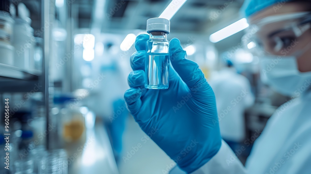 Poster scientist examining bioengineered enzyme in laboratory setting