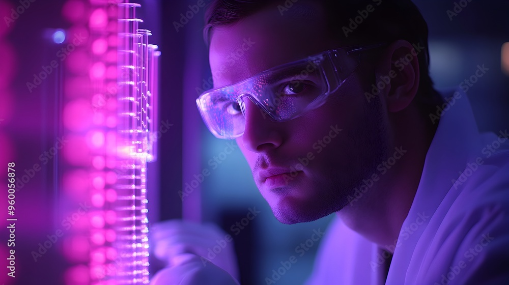 Poster scientist in a biotech lab observing dna fragments with precision