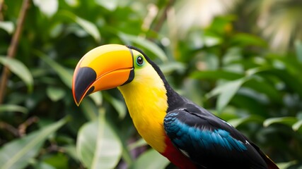 Fototapeta premium Colorful toucan in a lush jungle background