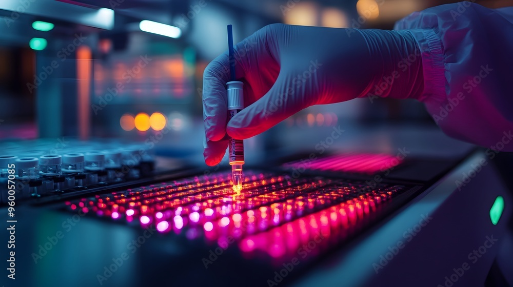 Poster scientist inserting samples into high tech dna sequencing machine in modern laboratory