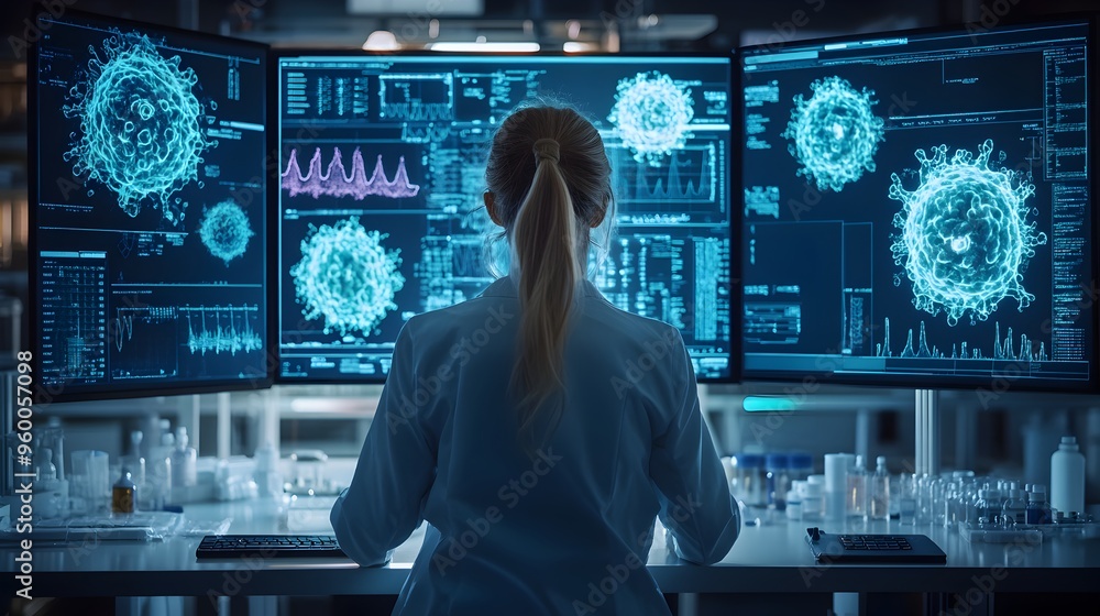 Aufkleber scientist utilizing ai driven analysis in biotech lab for pandemic research