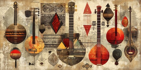 Abstract background with musical string instruments in ethnic style