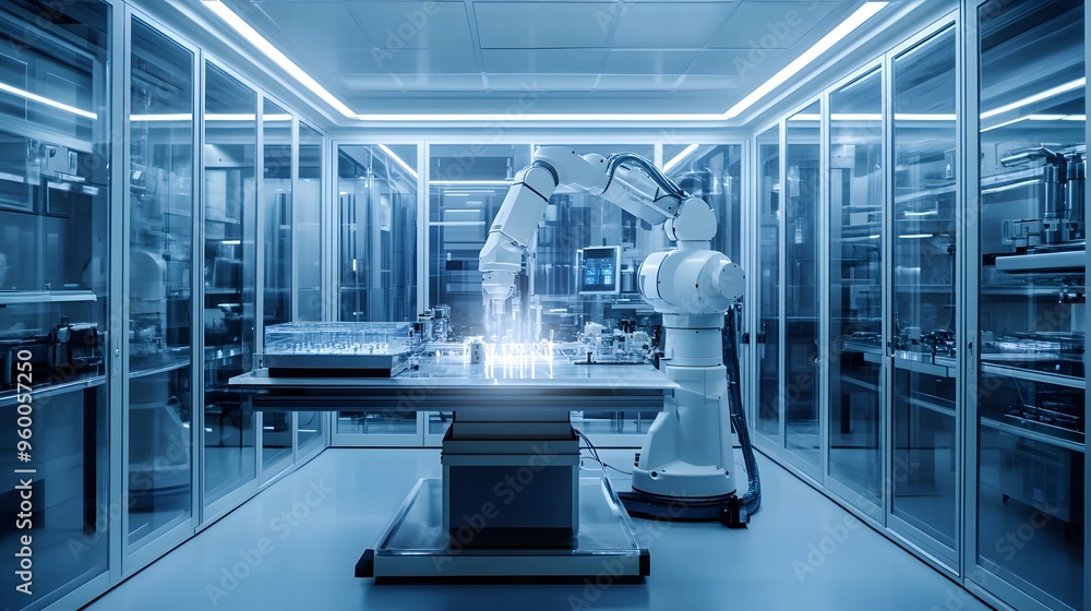 Aufkleber sterile high tech laboratory with robotic devices conducting advanced experiments