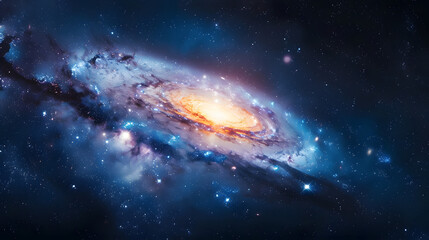 Fototapeta premium A stunning view of a spiral galaxy with a bright, glowing center and swirling arms of stars and cosmic dust, showcasing the beauty and vastness of the universe.