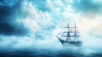 Ghostly ship sailing through mist