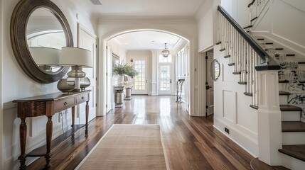 Elegant foyer with a console table and statement mirror 