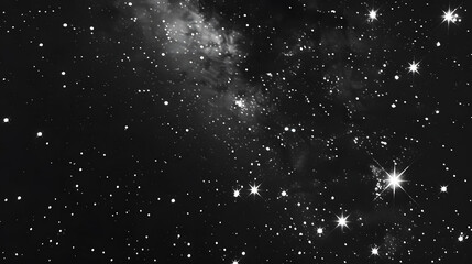 A stunning black and white image of stars and galaxies in deep space, showcasing the vastness and beauty of the cosmos with glowing celestial bodies.