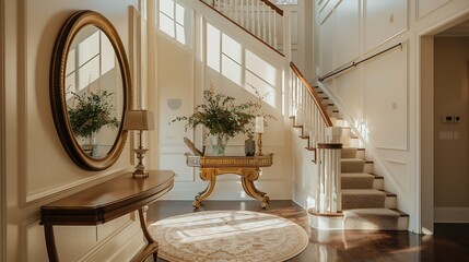 Elegant foyer with a console table and statement mirror 