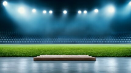 Podium on soccer field in stadium, surrounded by empty seats, dramatic lighting