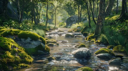 Obraz premium A serene forest stream with moss-covered rocks and dappled sunlight,