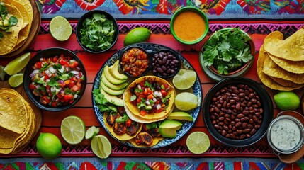 A beautiful taco spread displays vibrant vegan toppings like fresh salsa, guacamole, and colorful garnishes. Perfect for health-conscious diners at any gathering