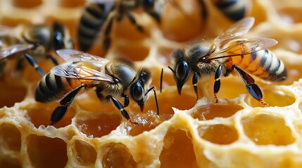 Honeycomb with Busy Bees Collecting Nectar