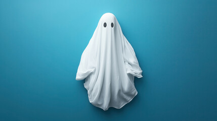 A ghost costume made of a white sheet with black eye holes is depicted against a blue background, creating a classic Halloween ghost appearance.