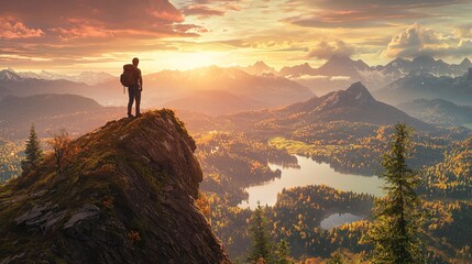 Hiker standing on mountain peak at sunrise, overlooking a scenic valley