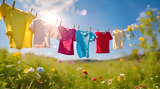 Colorful children's clothes dried on a clothesline, swaying gently in the warm breeze