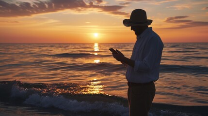 A man wearing a hat stands on the beach, engrossed in his smartphone, while the sun sets over the ocean. The warm glow of the sunset casts a serene atmosphere, highlighting the calmness of the scene.