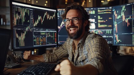 Stock market trader celebrating a profitable trade
