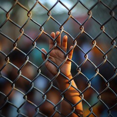 Fototapeta premium Child's hand gripping a chain-link fence, symbolizing struggle, isolation, and social issues