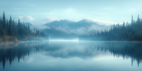 Fototapeta premium Misty Mountain Lake with Reflection of Trees