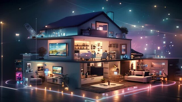 Modern house with glowing lights and media icons on dark background 3D rendering, Explore the concept of the Internet of Things through an Video showcasing a smart home