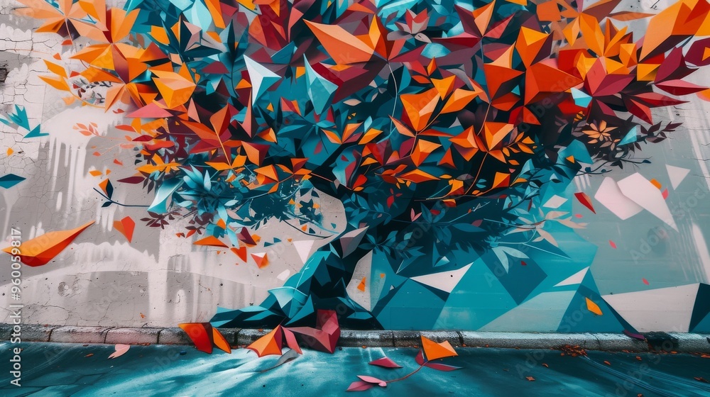 Poster stunning mural depicting an abstract tree with vibrant geometric patterns and leaves. the bold color