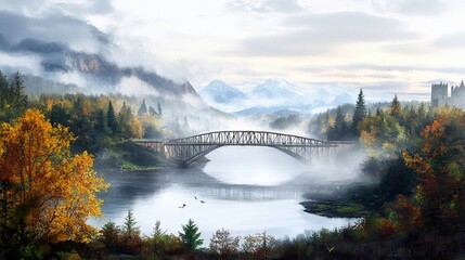 Gothic bridge spanning a misty river
