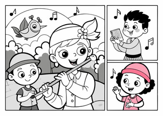 Black and white vector illustration of children's activity coloring book pages with pictures of Instrument flute
