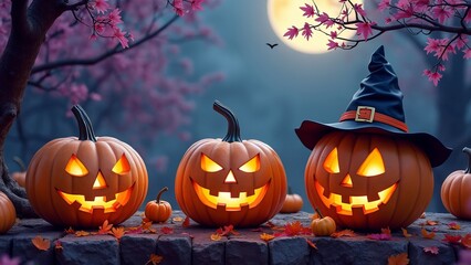 Spooky Pumpkins Under the Harvest Moon with Witch Hat