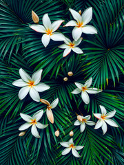 Obraz premium Beautiful nature pattern, tropical palm leaves and white gold frangipani flower background, natural beauty. Blooming floral background, artistic wallpaper, natural light, green lush foliage. AI gen