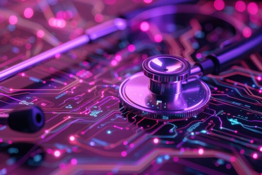 Stethoscope on a circuit board background with vibrant pink and purple lights, symbolizing the intersection of healthcare and technology
