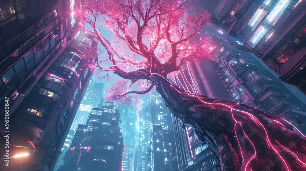 Aufkleber a majestic pink tree viewed from below, surrounded by a neon-lit cityscape. the futuristic setting a