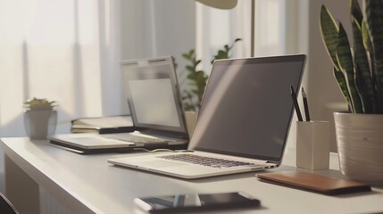 Fototapeta premium A minimalistic home office with two laptops, a potted plant, and a leather wallet on a white desk.