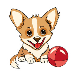 Small Corgi puppy with a ball. Cartoon vector illustration isolated on white.
