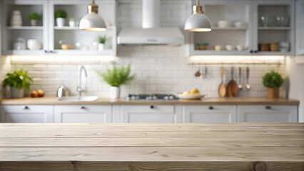 Fototapeta premium White wooden tabletop in a kitchen setting, designed for product mockup and template placement 
