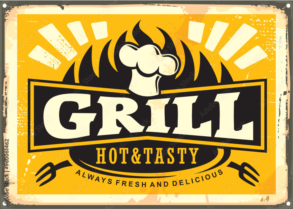 Poster vintage sign for grill bar restaurant with chef hat graphic and flame shape. food retro illustration