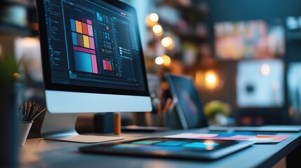 Designers workspace with computer monitor and color swatches on graphic tablet screen