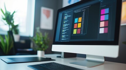 Designers workspace with computer monitor and color swatches on graphic tablet screen