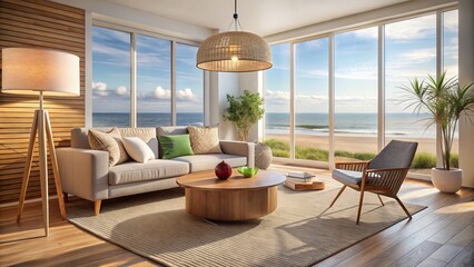 Cool ocean breeze drifts through the beach house living room, where a tall round lamp casts a warm